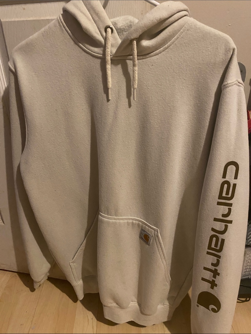 Carhartt Men's Cream Pullover Hoodie with Sleeve Logo